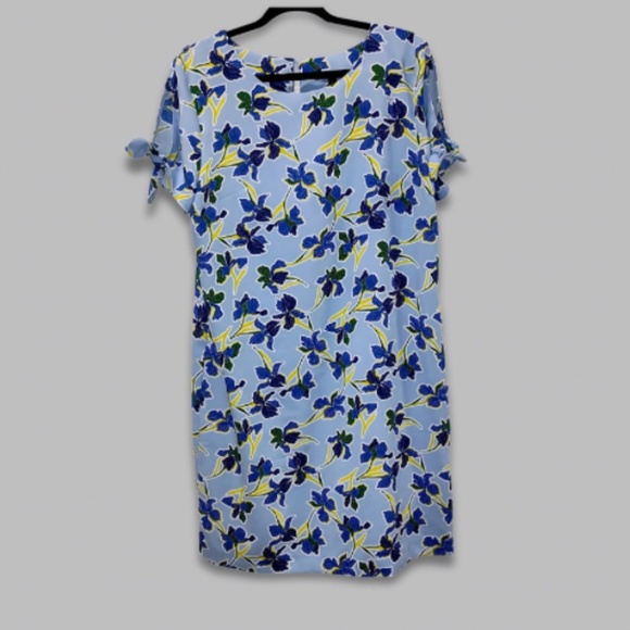 Banana Republic Print Split Shift Dress Iris Floral Design Tie-Sleeve Blue Sz L - Picture 3 of 6